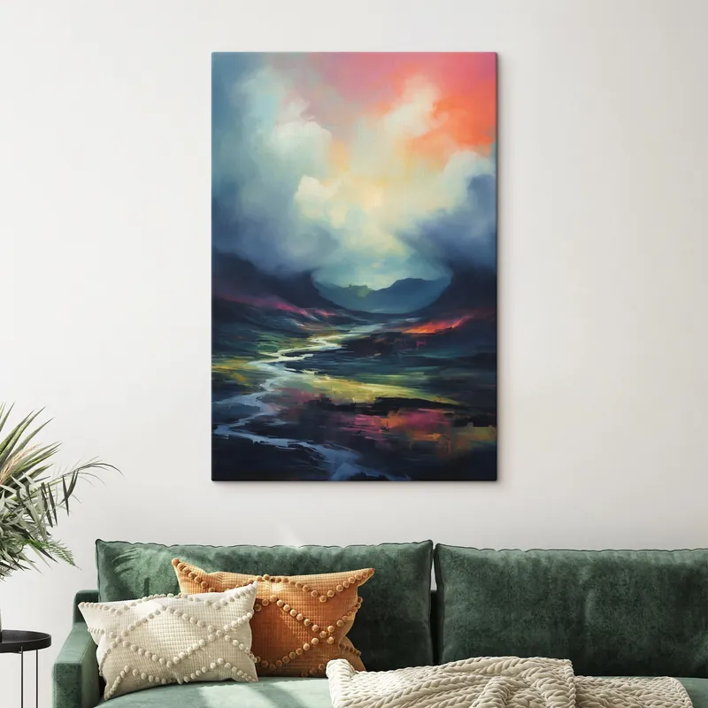 Pictură pe pânză Peisaj abstract cu un râu și munți Nr s45627 Mai ieftin