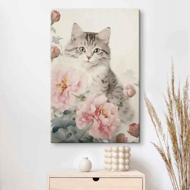 Plată sigură Pictură pe pânză Pisică printre flori Nr s45674