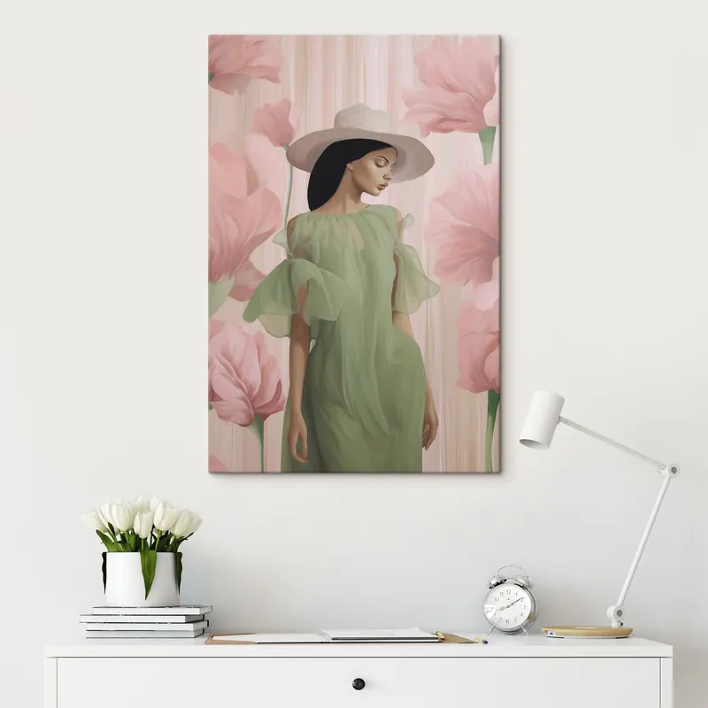 Pictură pe pânză Fată cu pălărie printre flori Nr s45678 Preț promoțional