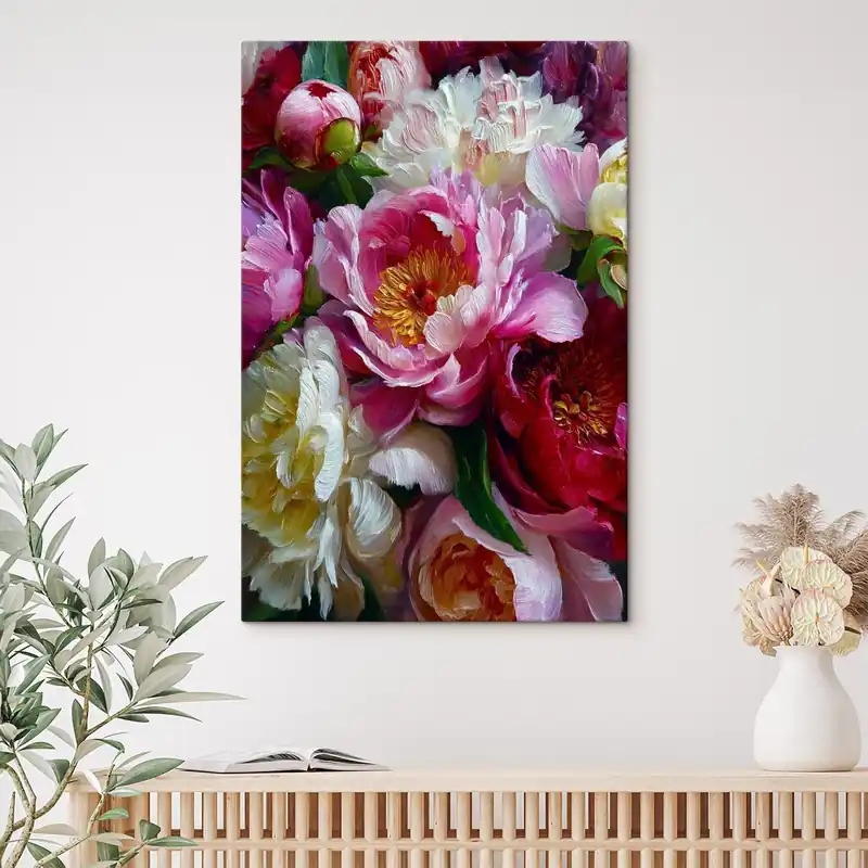 Pictură pe pânză Peonii luxuriante în tehnica impasto Nr s45595 Reducere