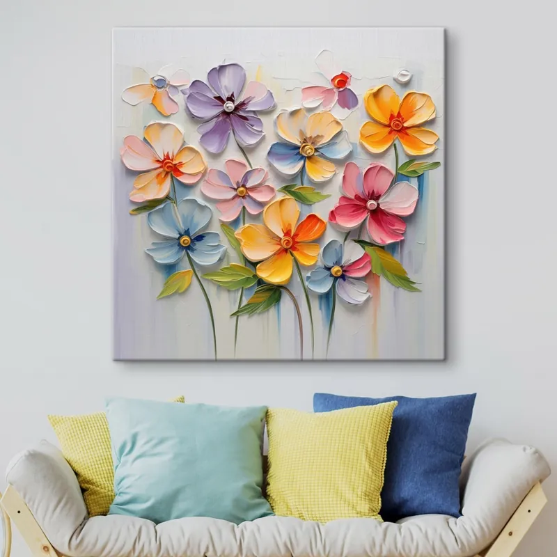 Discount Pictură pe pânză Natură statică florală flori multicolore în tehnica impasto Nr s45598