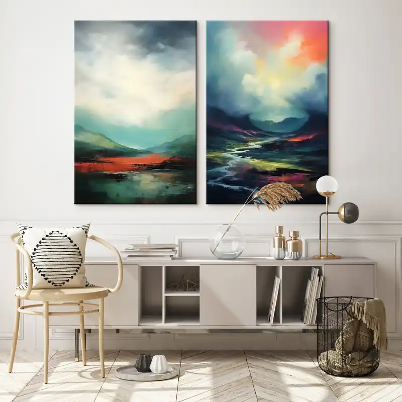 Pictură pe pânză Peisaj abstract cu nori în tonuri de turcoaz și roșu Nr m00691 Cumpărături sigure