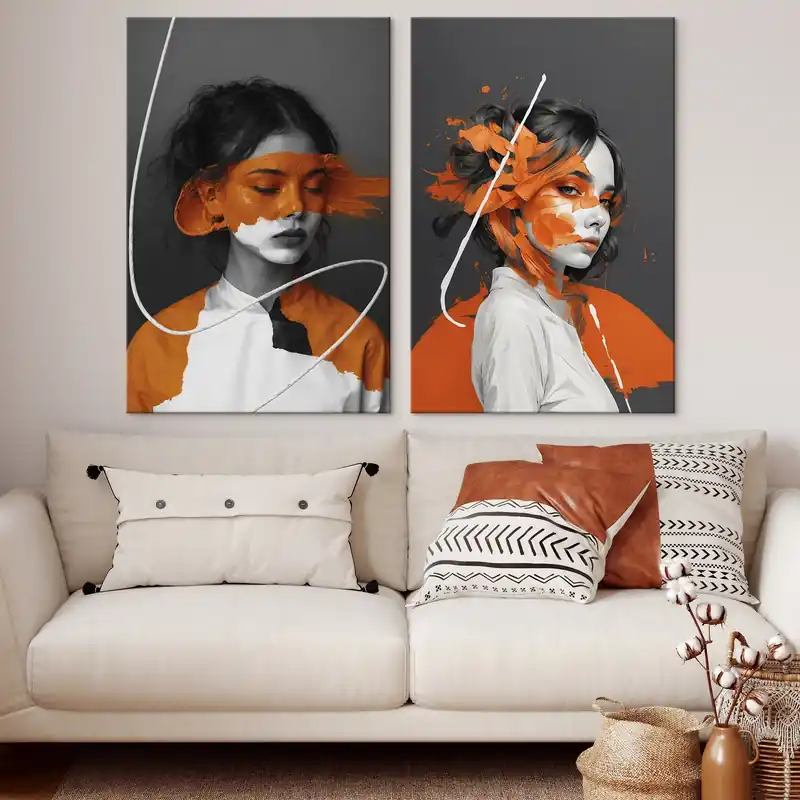 Pictură pe pânză Portrete de fete cu tușe abstracte portocalii Nr m00693 Disponibil imediat