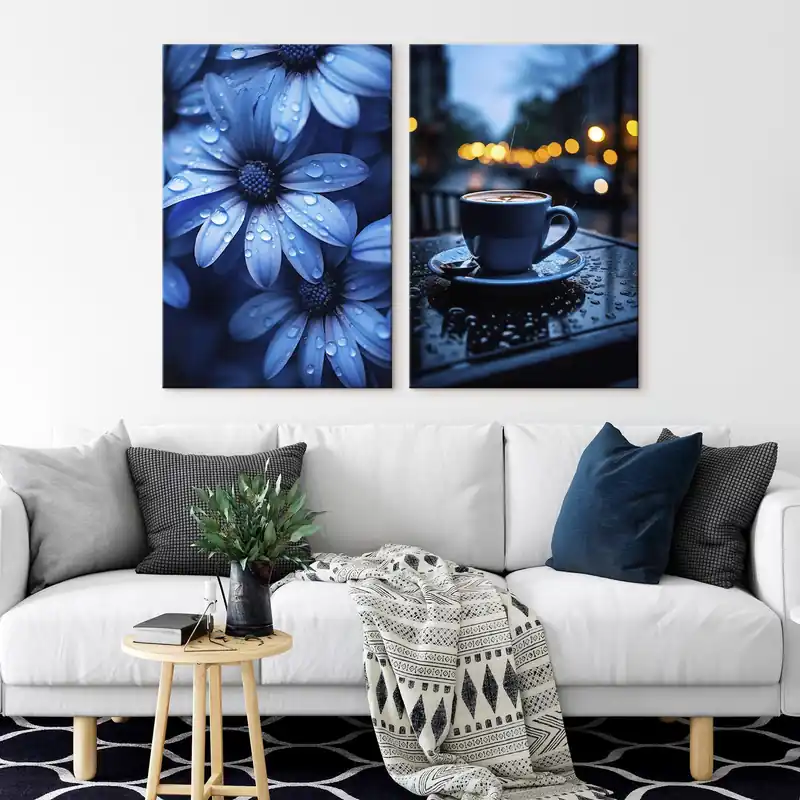 Bestseller Pictură pe pânză Flori albastre cu picături de apă și o ceașcă de cafea în ploaie Nr m00694