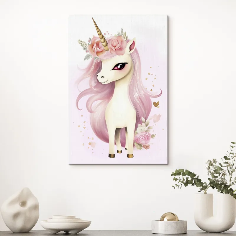 Reducere extra Pictură pe pânză Unicorn cu coamă roz și coroană florală Nr s45484