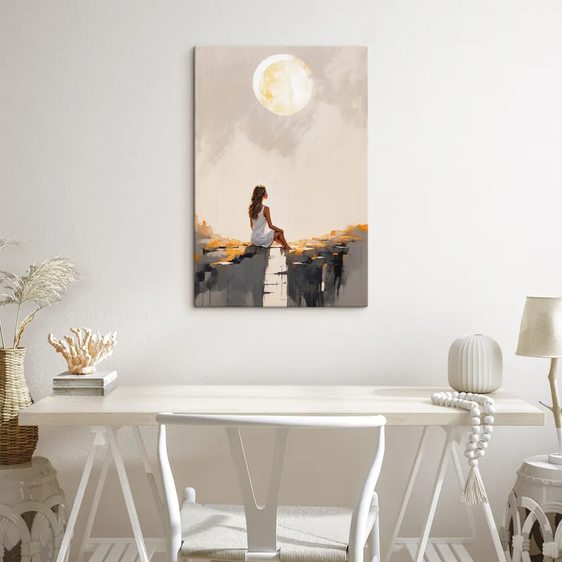 Doar azi Pictură pe pânză Fată într-o rochie albă stând sub o lună mare Nr s45621