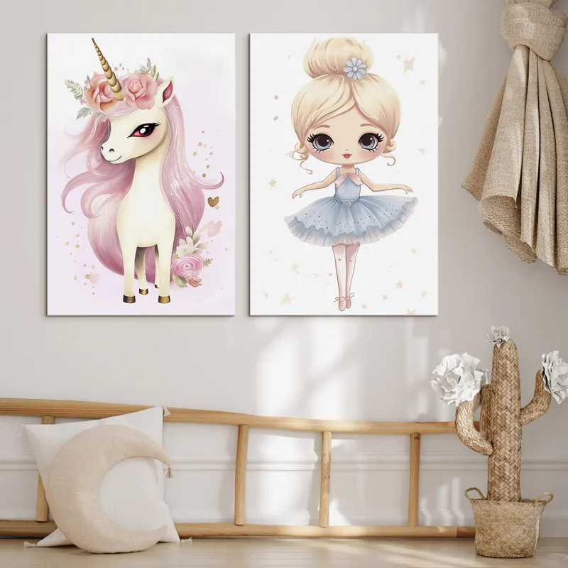 Pictură pe pânză Păpușă balerină în rochie albastră și unicorn cu coamă roz Nr m00692 Mai ieftin