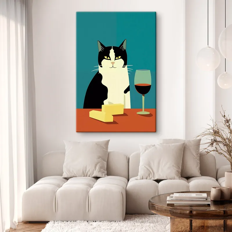 Pictură pe pânză Pisică cu vin și brânză Nr s45801 Disponibil imediat