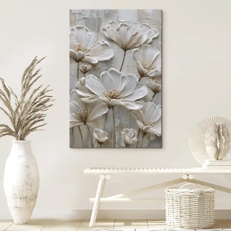 Pictură pe pânză flori crem cu stil impasto imitație Nr s45713 Ieftin