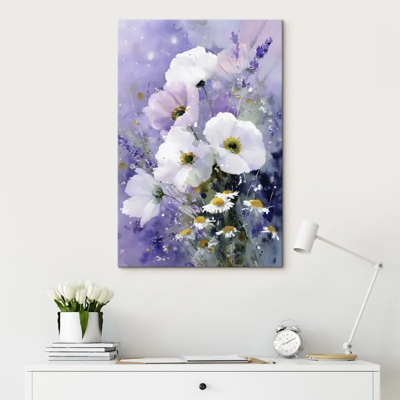 Pictură pe pânză buchet în acuarelă în tonuri de liliac și alb Nr s45719 Reducere extra