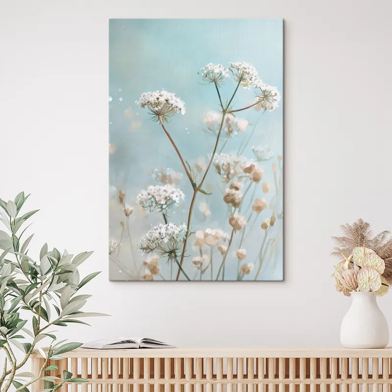 Ofertă limitată Pictură pe pânză Flori Queen Anne‘s Lace în stil acuarelă pe fundal albastru Nr s45722
