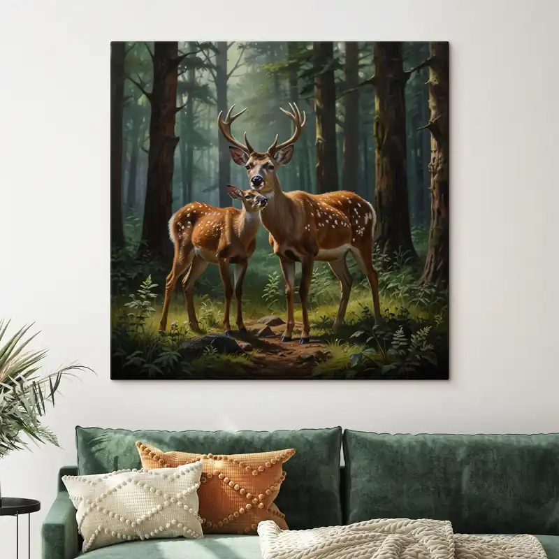 Pictură pe pânză cerb cu pui în pădure Nr s45732 Plată sigură