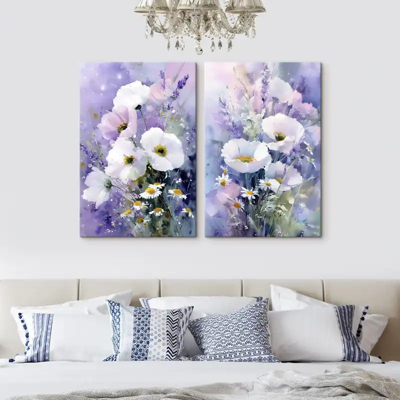 Pictură pe pânză buchet în acuarelă în tonuri de liliac și alb Nr m00704 Expediere rapidă