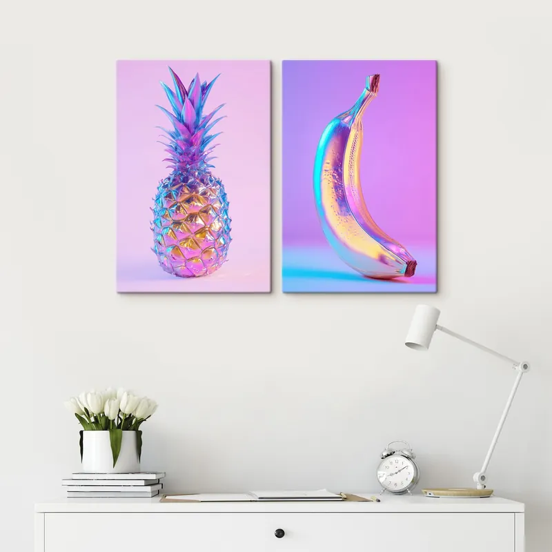 Premium Pictură pe pânză ananas și banană strălucitoare și lucioase în stil pop art Nr m00737