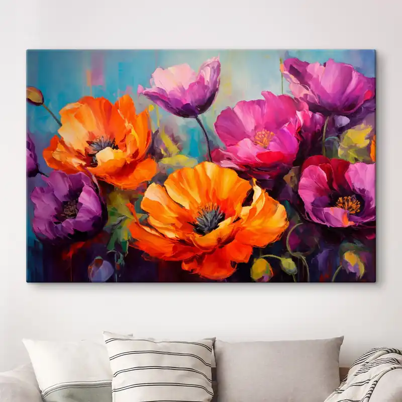 Pictură pe pânză Maci strălucitori în nuanțe de violet și portocaliu Nr s45804 Disponibil imediat