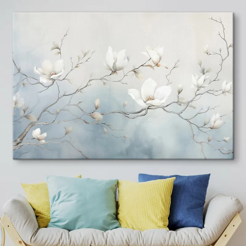 Pictură pe pânză Ramuri de magnolie cu flori albe pe un fundal delicat Nr s45806 Expediere rapidă