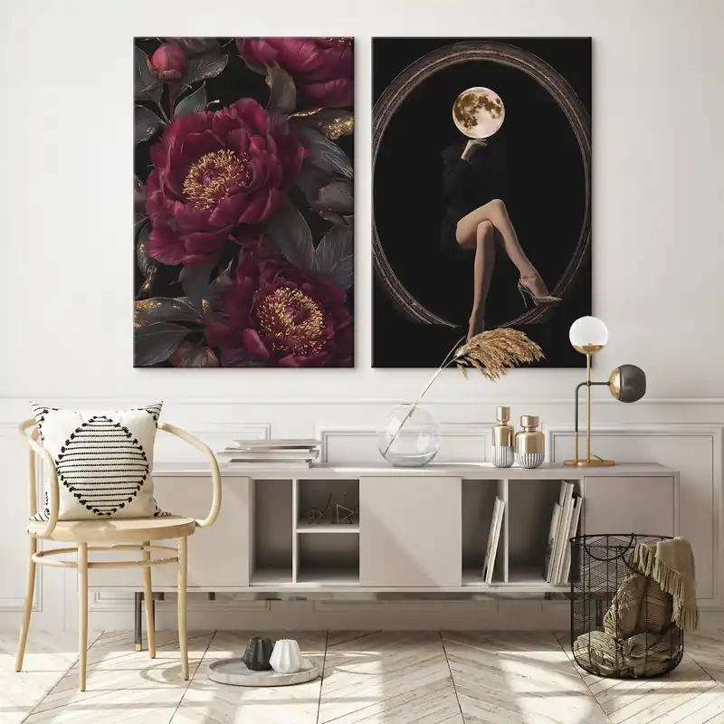 Discount Pictură pe pânză Bujori burgund și o siluetă cu cap de lună pe fond negru Nr m00765