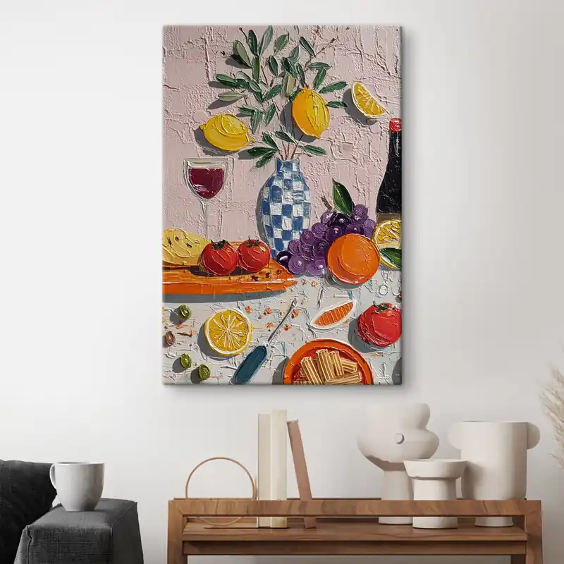 Pictură pe pânză Natură moartă în culori pastelate lămâi, struguri și roșii, impasto Nr s45876 Mai ieftin
