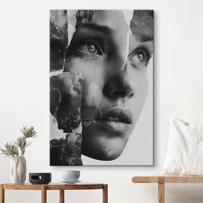 Bestseller Pictură pe pânză Portret colaj alb-negru cu straturi texturate rupte Nr s45898