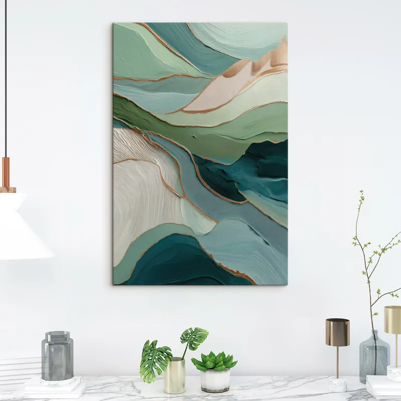 Cumpără acum Pictură pe pânză Abstracție verde stratificată cu linii galbene și profunzime Nr s45902