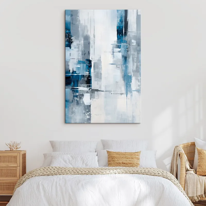 Promoție Pictură pe pânză Imitare de pictură abstractă cu culori albastru, gri și alb, linii verticale și forme geometrice Nr s45926