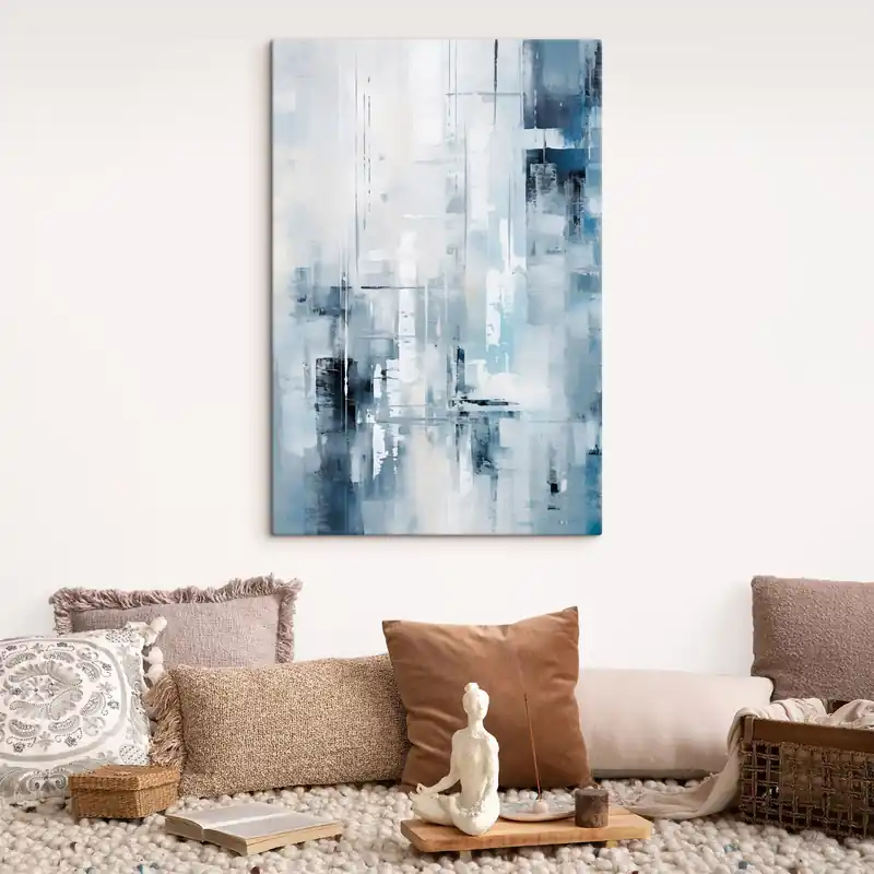 Plată securizată Pictură pe pânză Imitare de pictură abstractă cu culori albastru, gri și alb, linii verticale și forme geometrice Nr s45927