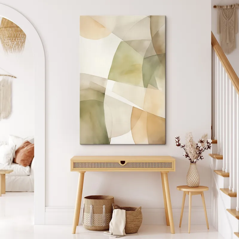 Livrare rapidă Pictură pe pânză Forme geometrice abstracte texturate în acuarelă, în nuanțe de verde, maro și bej Nr s45928