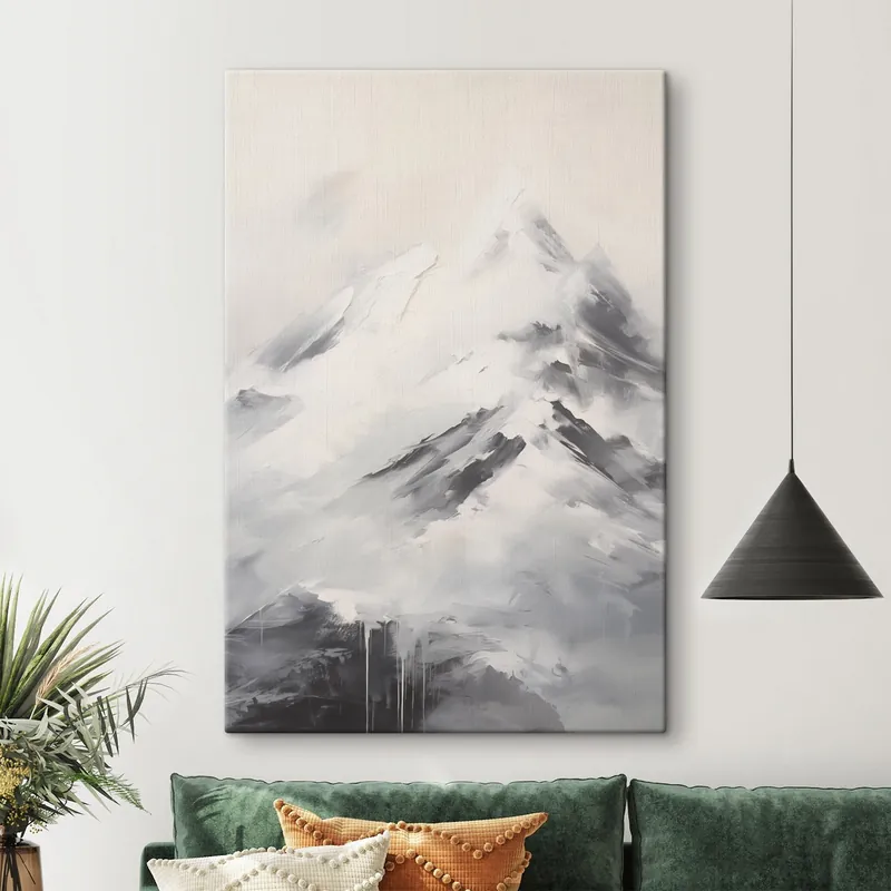 Pictură pe pânză Vârfuri de munte înzăpezite cu umbre cenușii, cer cenușiu, pensule, texturat, minimalist Nr s45932 Lichidare de stoc