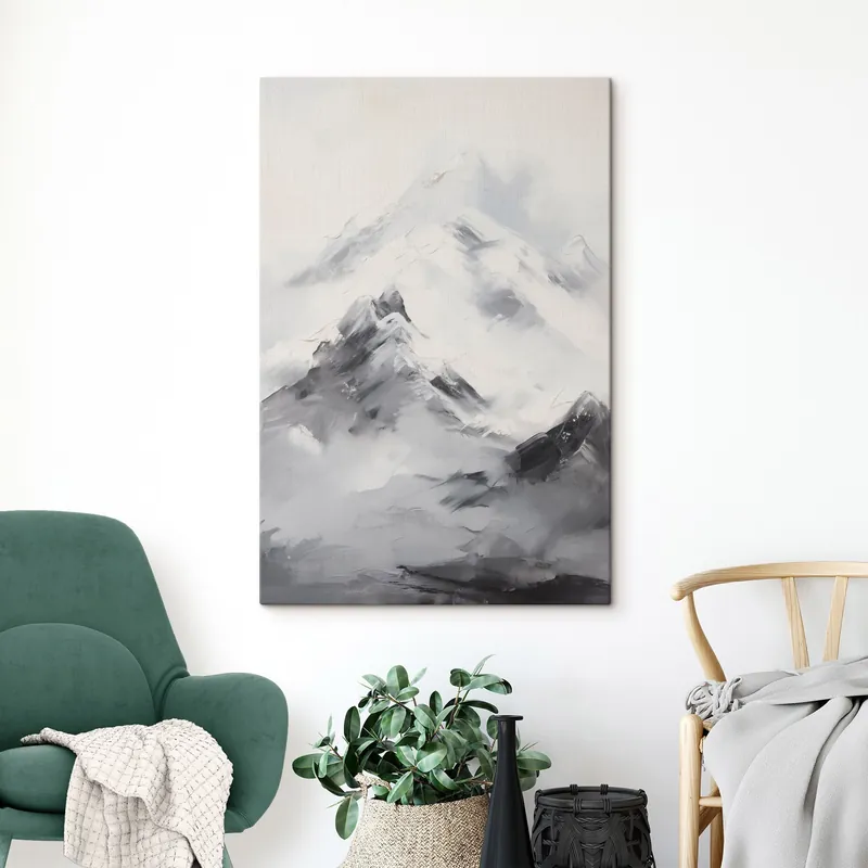 Pictură pe pânză Vârfuri de munte înzăpezite cu umbre cenușii, cer cenușiu, pensule, texturat, minimalist Nr s45933 Reducere extra