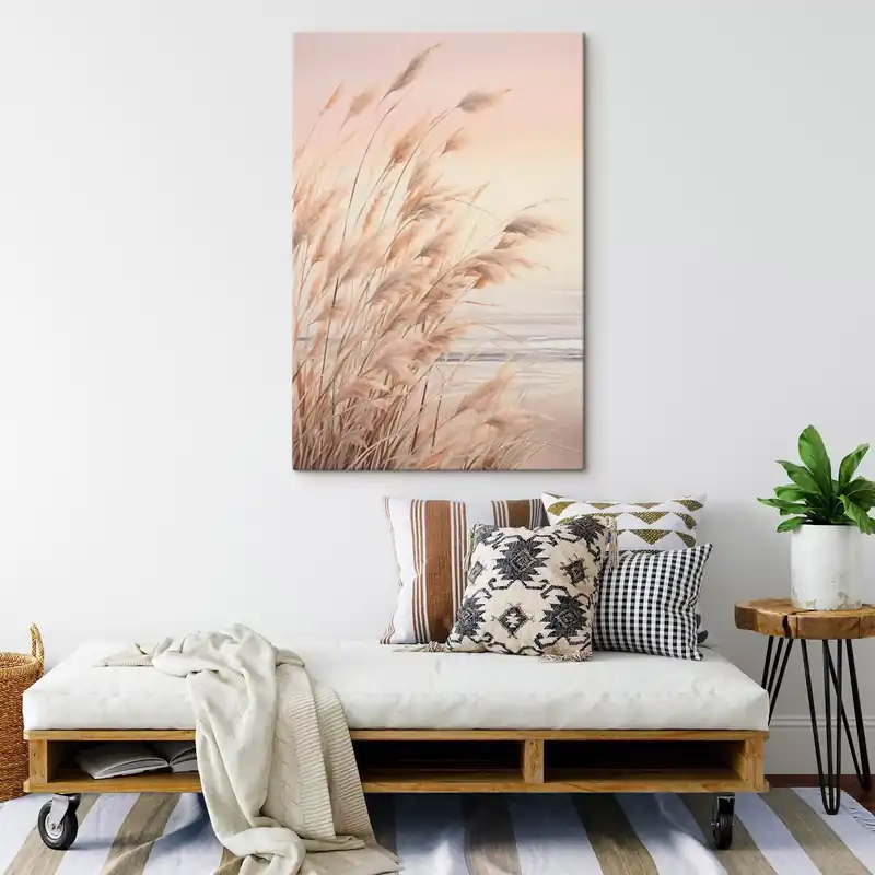 Pictură pe pânză Iarbă de pampas cu paletă de culori portocaliu pastel, cer roz deschis, un peisaj liniștit Nr s45934 Calitate înaltă