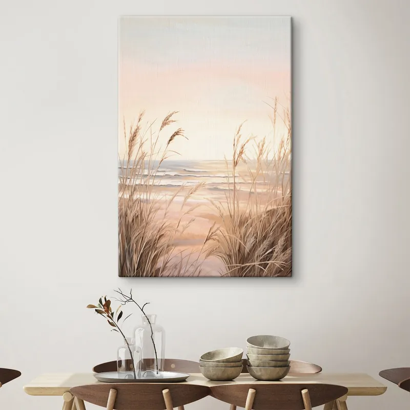 Pictură pe pânză Iarbă de pampas cu paletă de culori portocaliu pastel, cer roz deschis, un peisaj liniștit Nr s45935 Super ofertă
