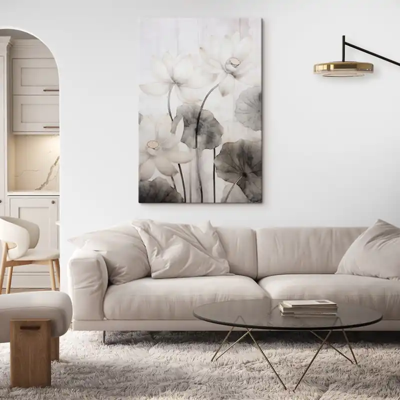 Ofertă specială Pictură pe pânză Flori de lotus albe texturate cu frunze întunecate, fundal deschis, design minimalist Nr s45937