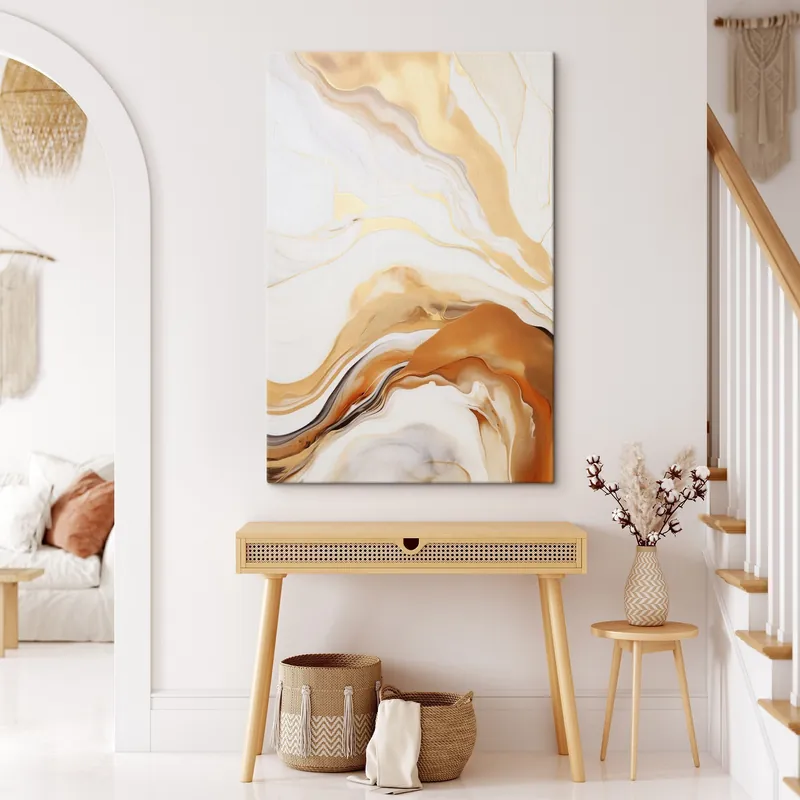 Preț mic Pictură pe pânză Imitare de pictură abstractă cu forme fluide în nuanțe de alb, portocaliu și maro, minimalistă Nr s45938