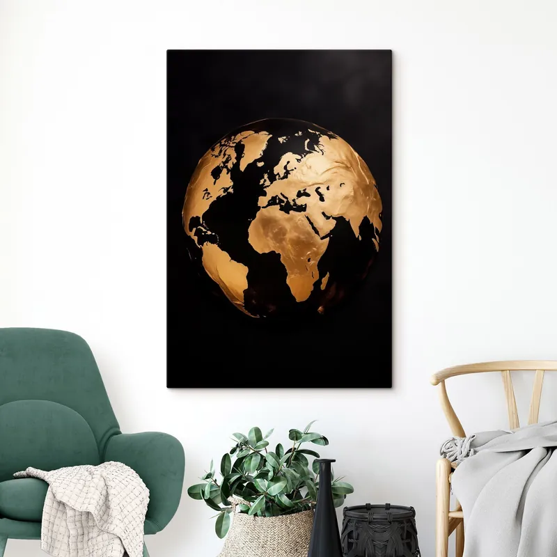 Premium Pictură pe pânză Glob pământesc abstract texturat galben, planetă pe fundal negru, artă minimalistă modernă Nr s45942