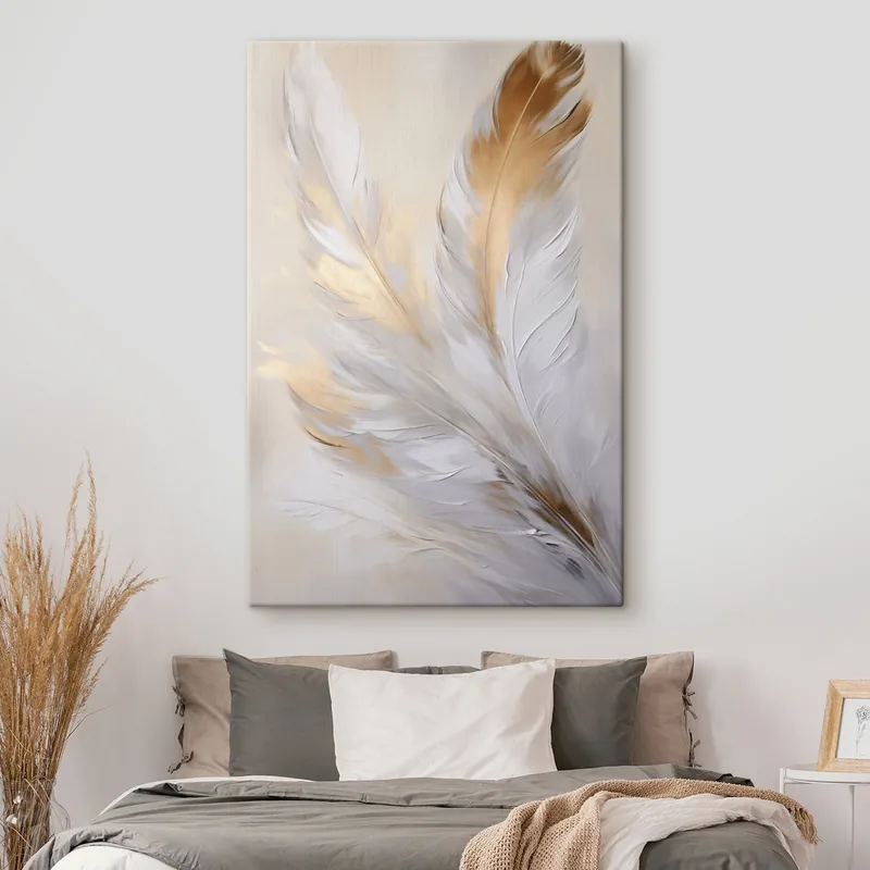 Retur ușor Pictură pe pânză Pene cu accente portocalii, iluminare difuză, compoziție minimalistă texturată, artă modernă Nr s45944