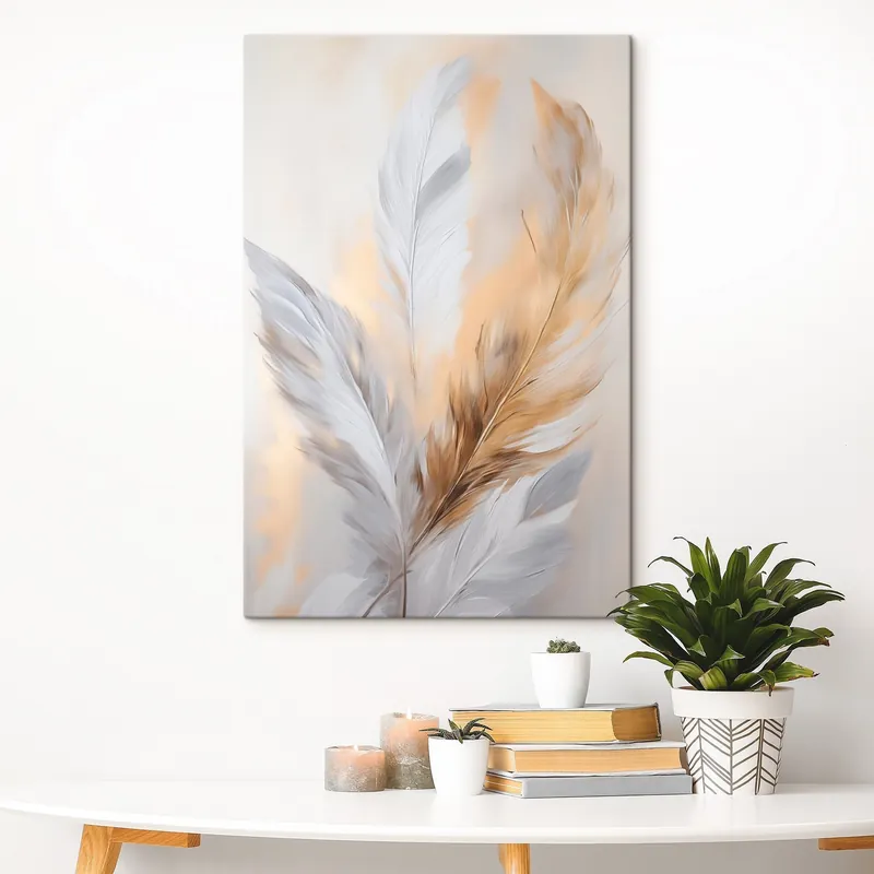 Pictură pe pânză Pene cu accente portocalii, compoziție minimalistă texturată, artă modernă Nr s45945 Ofertă exclusivă