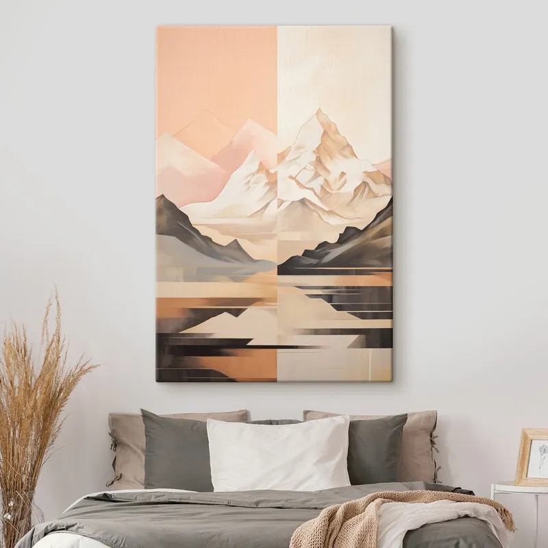 Mai ieftin Pictură pe pânză Peisaj abstract cu munți și un lac, culori pastelate, stil minimalist Nr s45948