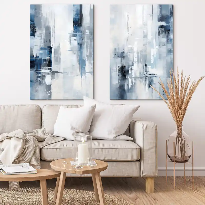 Pictură pe pânză Imitare de pictură abstractă cu culori albastru, gri și alb, linii verticale și forme geometrice Nr m00819 Nu rata