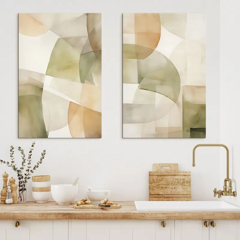 Expediere rapidă Pictură pe pânză Forme geometrice abstracte texturate în acuarelă, în nuanțe de verde, maro și bej Nr m00820