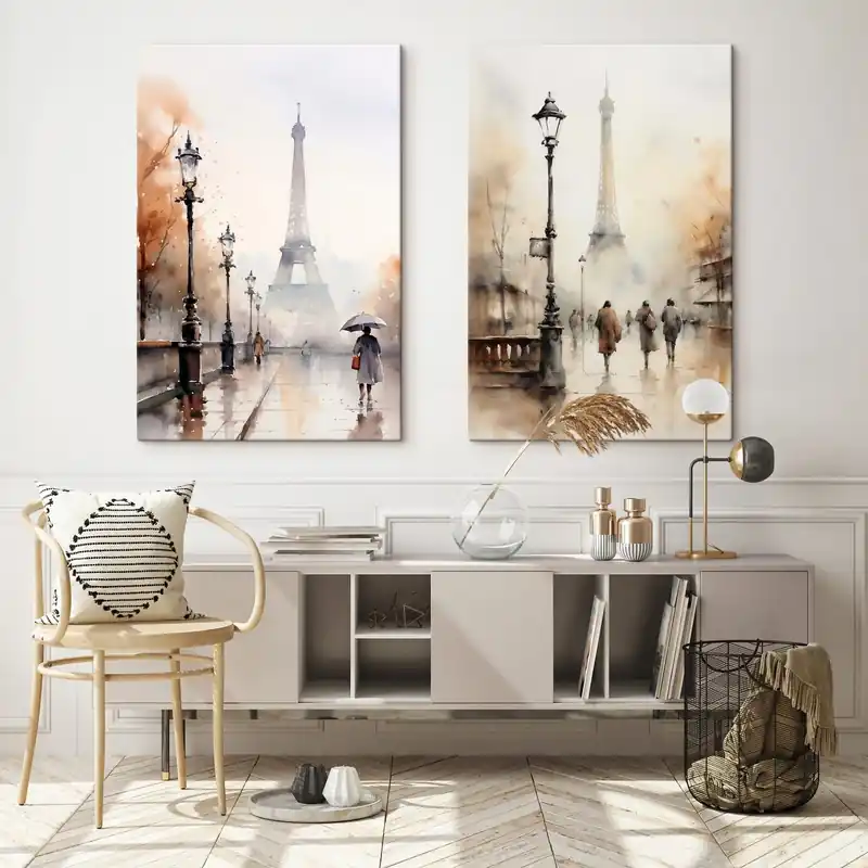 Preț promoțional Pictură pe pânză O zi ploioasă de toamnă în Paris, cu Turnul Eiffel în fundal și felinare vintage Nr m00821