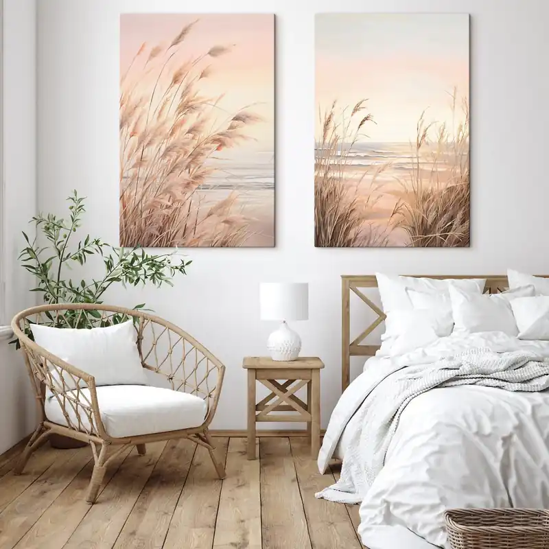 Pictură pe pânză Iarbă de pampas cu paletă de culori portocaliu pastel, cer roz deschis, un peisaj liniștit Nr m00823 Preț promoțional