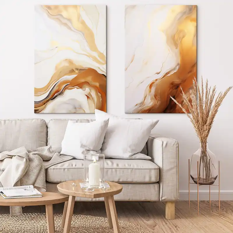 Pictură pe pânză Imitare de pictură abstractă cu culori albe și portocalii, artă fluidă cu linii ondulate, artă modernă Nr m00825 Reducere specială