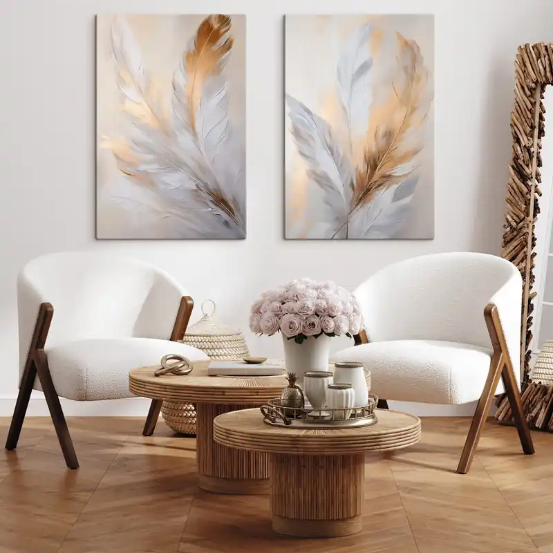 Pictură pe pânză Pene cu accente portocalii, compoziție minimalistă texturată, artă modernă Nr m00828 Expediere rapidă