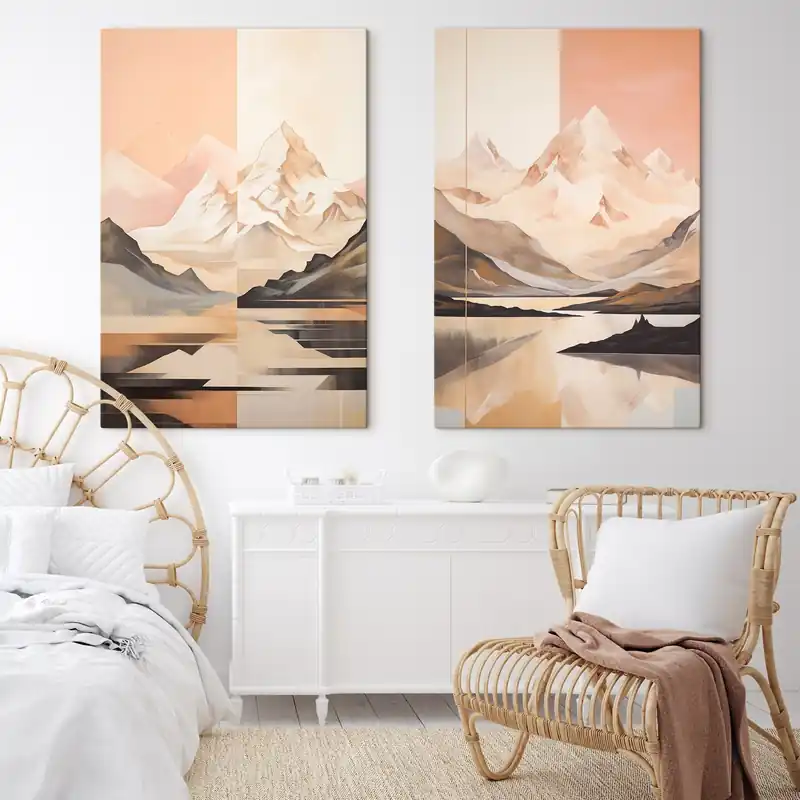 Pictură pe pânză Peisaj abstract cu munți și un lac, culori pastelate, stil minimalist Nr m00830 Preț mic
