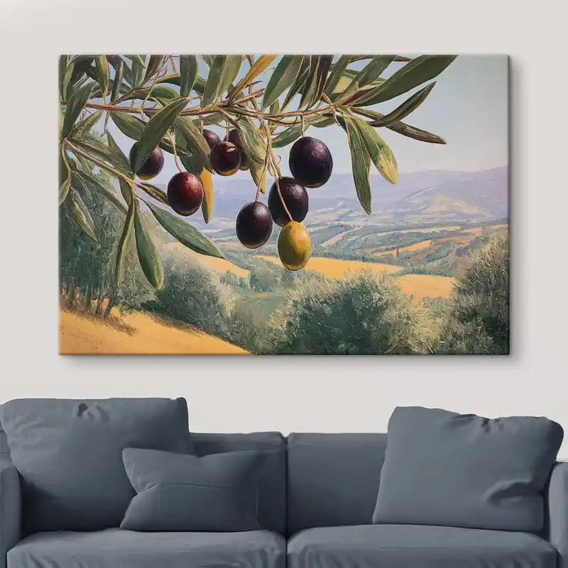 Pictură pe pânză Ramură de măslin cu fructe negre pe fundalul unui peisaj de vară Nr s46150 Ofertă exclusivă