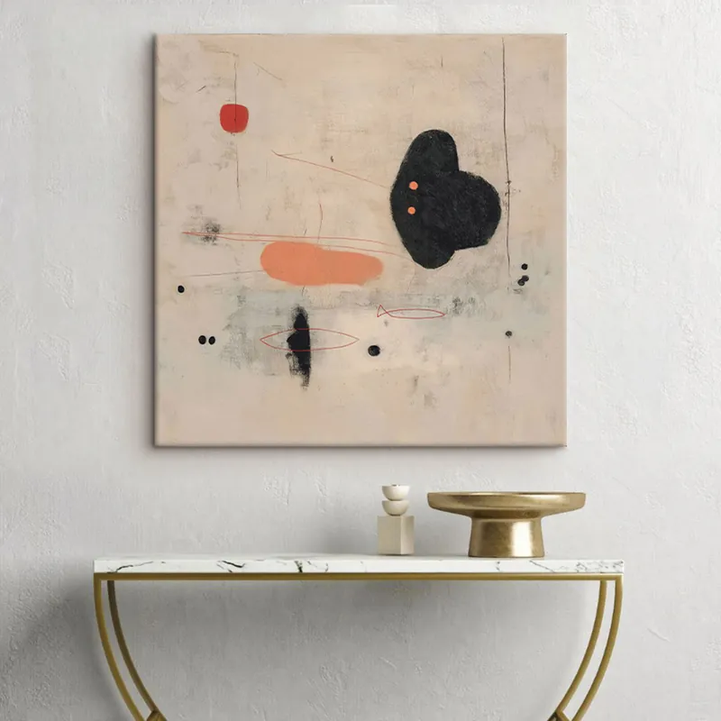 Noutate Pictură pe pânză Desen abstract minimalist cu accente negre și coral Nr s46159
