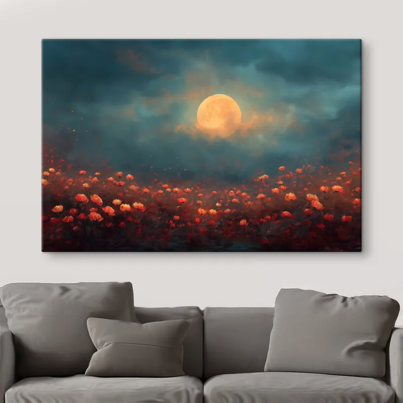 Bestseller Pictură pe pânză Luna deasupra unui câmp de flori roșii într-un cer cețos de seară Nr s46167