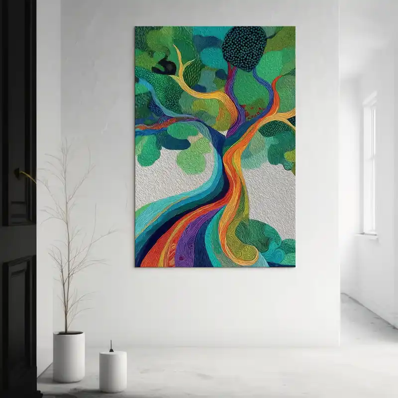 Pictură pe pânză Copac cu ramuri curcubeu pe fundal verde Nr s46173 Livrare expres
