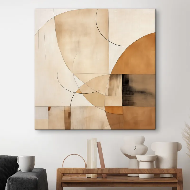 Plată securizată Pictură pe pânză Abstracție geometrică cu linii curbe și tonuri de bej Nr s46320