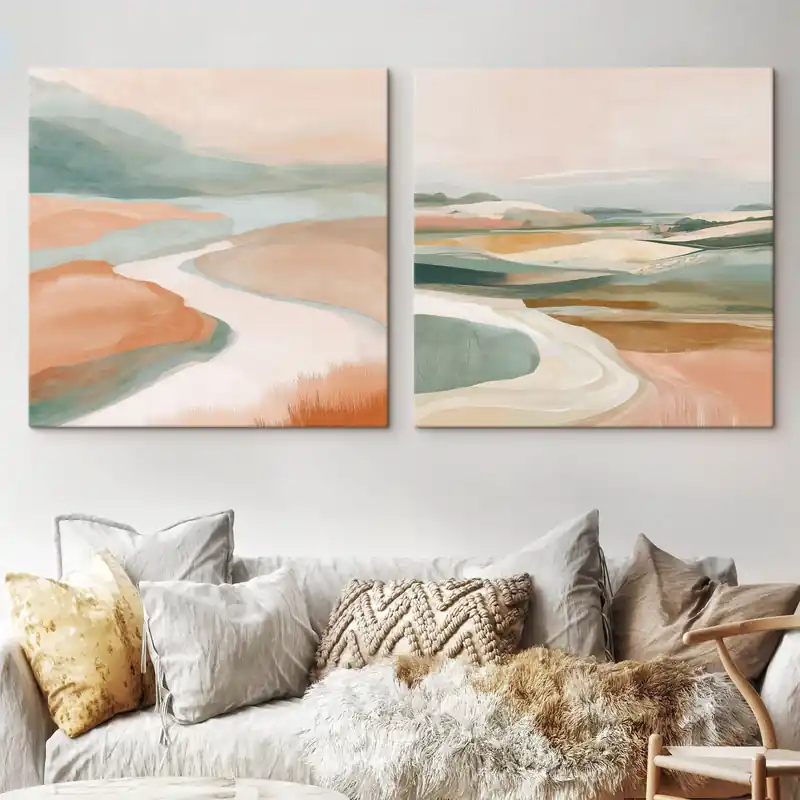 Pictură pe pânză Dealuri abstracte și râu în paleta pastelată Nr m00896 Reducere specială